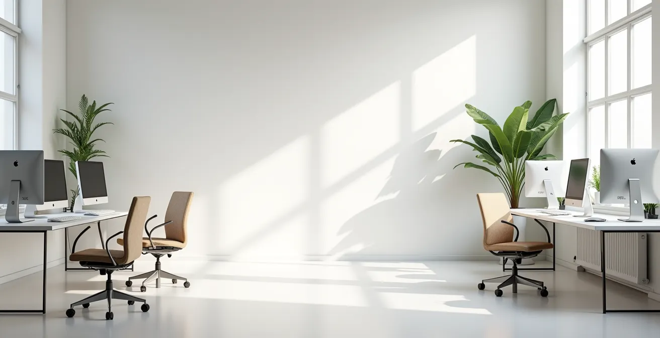 Espace de travail créatif moderne avec postes Mac et lumière naturelle