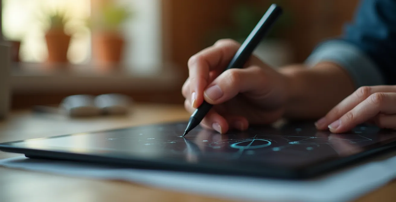 Main d'un créatif travaillant sur une tablette graphique dans un environnement studio