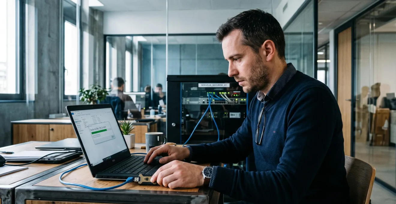 Un professionnel transmet des fichiers volumineux depuis son ordinateur portable dans un bureau moderne.